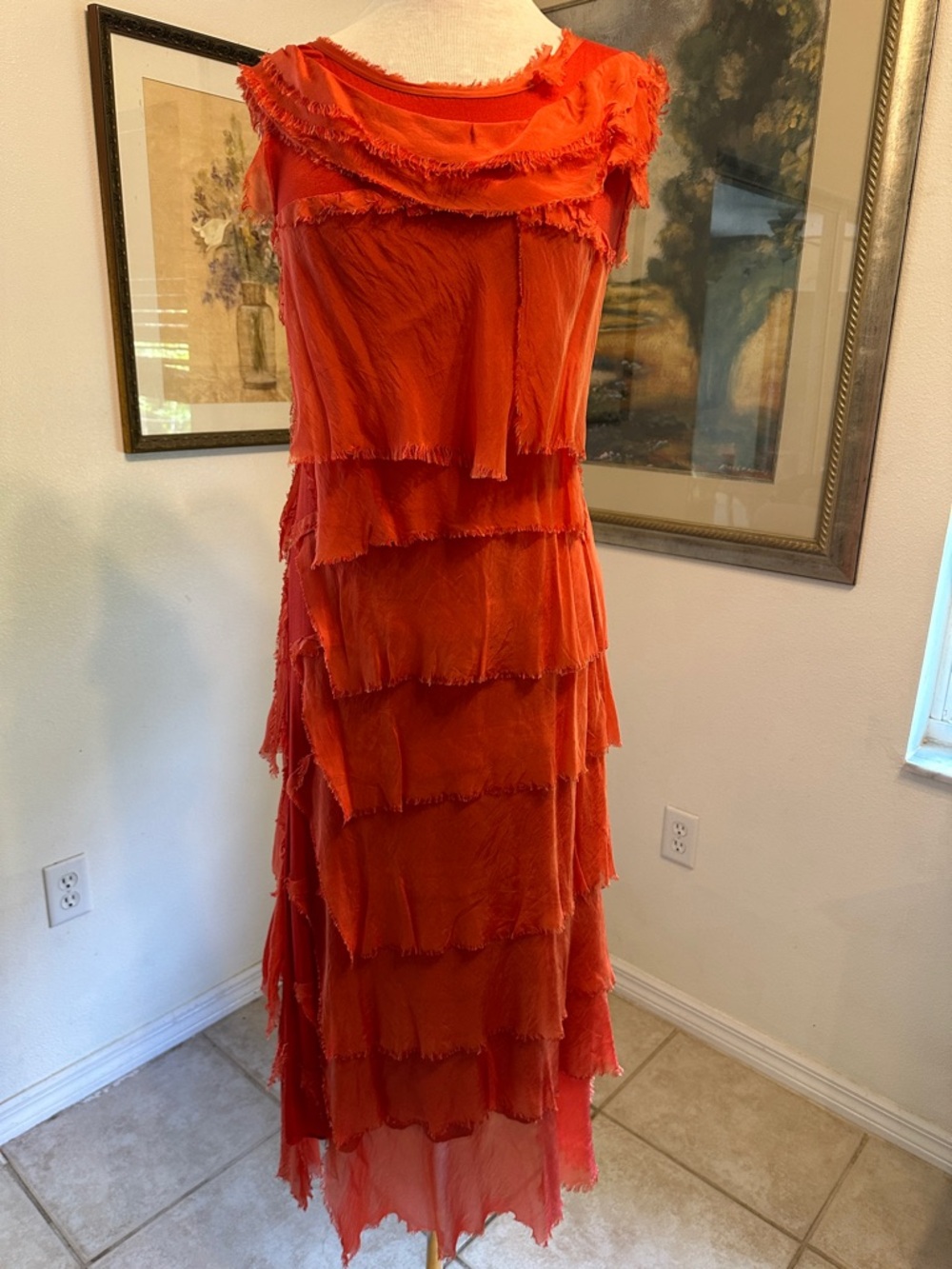 Made in Italy Coral-Orange Tiered Fringe 100% Silk Dress Size Medium - Picture 6 of 9